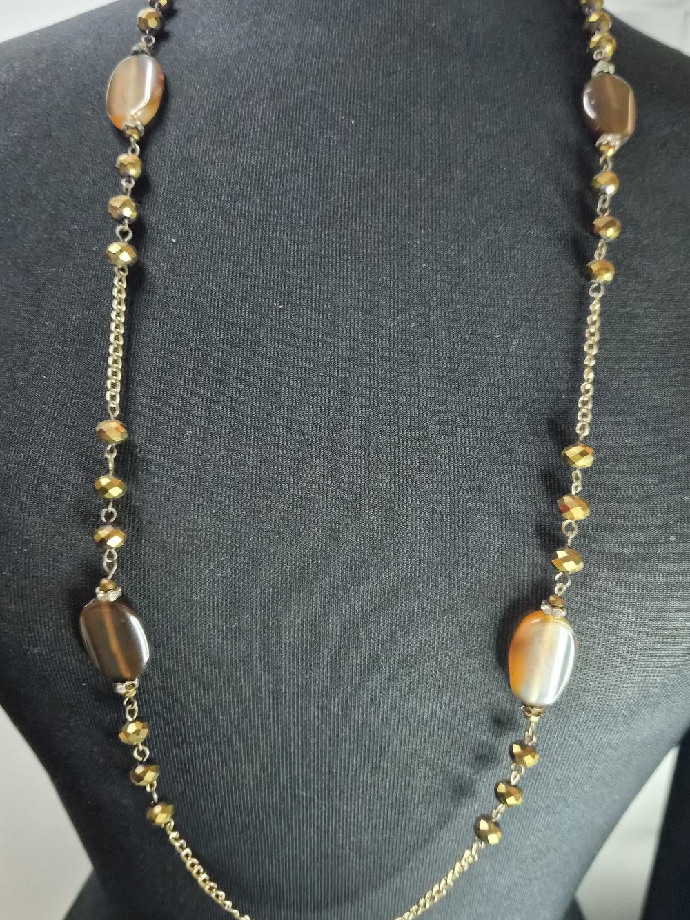 Vintage Gold-Tone Boho Station Necklace - Tiger's Eye Style & Earth Tone Beads